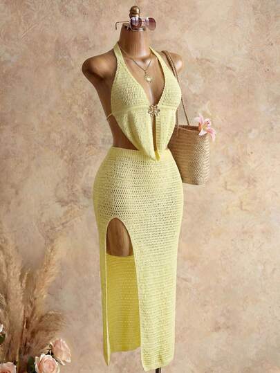 Mistrie Bộ đồ 2 mảnh gợi cảm dành cho nữ, gồm áo hai dây buộc cổ hở lưng đính kim loại và chân váy xẻ tà, thích hợp cho kỳ nghỉ.