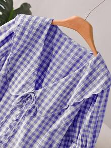 CosyJoli 大码女式格子系带短袖单排扣衬衫 - 紫色 - 查看 4