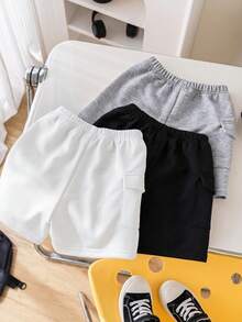 SHEIN 3件套男童休闲舒适口袋装饰针织短裤套装 - 黑與白 - 查看 2