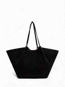 SHEIN Maija 女士手提包、单肩包、流浪包、麂皮绒包、棕色、时尚、优雅、简约、个性化、百搭、经典、复古、怀旧，适合通勤、办公、约会、日常、购物、下午茶等场合，可作包饰（可放置耳机） - 黑色 - 查看 5