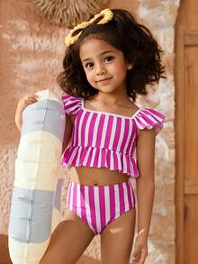 Travachic KIDS Travachic KIDS Conjunto de traje de baño de punto a rayas lindo y casual para niñas preadolescentes, adecuado para primavera/verano, vacaciones, playa - Rosa - Ver 3