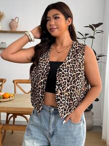 Enliva Plus-Size Leopard Print Lightweight Vest, Women's Office Top, For Apple And Rounded Body Shape - Brown - View 4