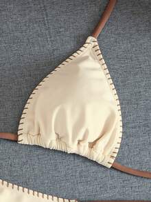 Swim Vcay 女士泳装度假套装，米色撞色咖啡色贝壳边饰，三角杯领设计，侧系带泳裤，适合海滩或度假穿着。 - 彩色 - 查看 6