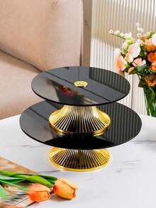1PC Acrylic European Style Display Tray, Elegant Home Gathering Serving Platter, Party Wedding Birthday Decorative Board, Covered Storage Shelf For Living Room Kitchen Decor - Tall Plate With Gold Base and Black Plate - View 3