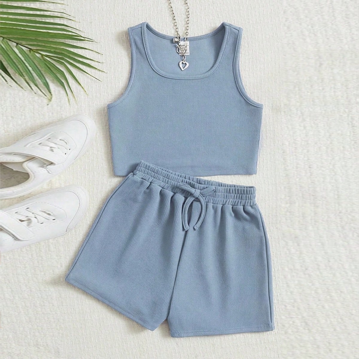 Top De Tanque Sólido Para Preadolescente Y Shorts Con Cintura De Nudo
