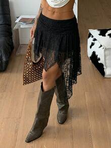 Coolane Trang phục thường ngày phong cách đường phố, boho, vintage, kiểu Y2K dành cho nữ, thích hợp mặc đi biển, chất liệu ren, co giãn thoải mái, váy ngắn bất đối xứng, xếp ly, màu trắng. - màu đen - Xem 2