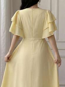 Celisse Round Neck Double Ruffle Sleeve Cinched Waist Back Zipper Long Dress For Women - Yellow - View 4