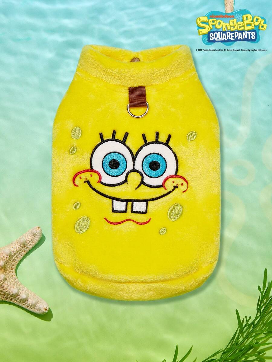 SpongeBob SquarePants | PETSIN 1 件猫/狗通用服装，刺绣卡通图案可爱黄色外套，法兰绒宠物大衣 - 黃色 - 查看 1