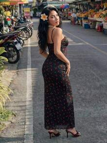 Sweetina 度假乡村花卉蕾丝边连衣裙 - 黑色 - 查看 2