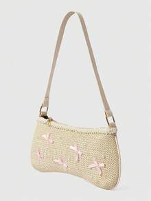 ROMWE Fairycore A Set Of Floral Crocheted Beach Handbags And Accessories, Stylish Personalized Beach Resort Style Shell Lace Lady Messenger Bag - Straw bag pink bow - View 2