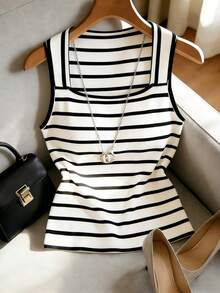 Franclia Áo tank top nữ không tay in họa tiết kẻ sọc, áo thun in hình, áo kiểu thường ngày, thích hợp cho kỳ nghỉ, du lịch, sinh viên, áo sơ mi thường ngày, áo hai dây thường ngày, áo kiểu trắng, đi biển, áo dễ thương, áo sơ mi kẻ sọc, áo hai dây kẻ sọc, mùa hè, áo mùa hè - Đen và trắng - Xem 4
