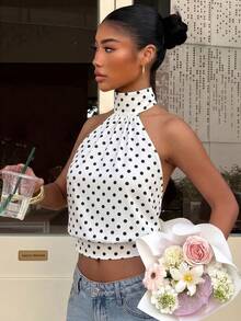 Muchica White Polka Dot Print Summer Women's High Neck Zipper Knit Camisole, Sleeveless, Minimalist Casual, Versatile For Daily Commute Halter Top Crop Dots - Multicolor - View 3