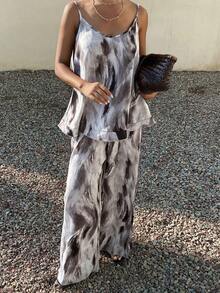 DAZY Bộ áo hai dây dáng chữ A rộng rãi và quần short dành cho nữ, chất liệu vải nhuộm tie-dye, phong cách nghỉ dưỡng bãi biển, thích hợp cho mùa xuân và hè. - Màu xanh lam - Xem 6