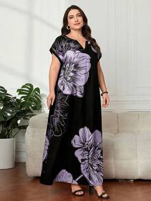 Al Najma Plus Size Women Floral Pattern V-Neck Elegant Arabic Style Dress - Purple - View 7