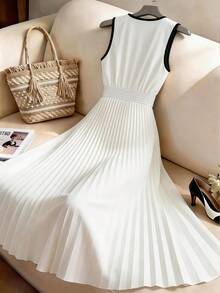 GlowEve Vestido formal ligero con pliegues, decoración de lazo y bloqueo de color elegante y de moda para mujer - Blanco - Ver 2