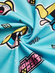 PopScrub THE POWERPUFF GIRLS X SHEIN 女款秋季清新淺藍色泡泡獨家滿版印花V領刷手衣，口袋短袖卡通IP聯名制服工作服女僕動漫風 - 藍色 - 查看 10