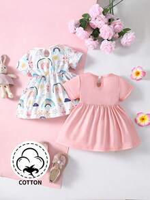 SHEIN Playful Pals Bebé Niña 2 Piezas Vestido Con Cuello Redondo Y Estampado De Dibujos Animados - Multicolor - Ver 2