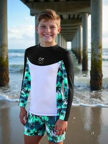 SHEIN Boys' Printed 2 Pieces Casual Vacation Pattern Long Sleeve Swimsuit And Swim Trunks - Green - View 7