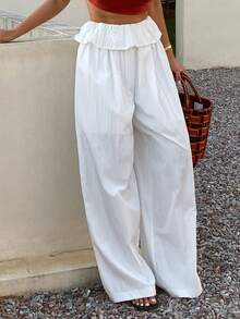 Livesso Women's Solid Color Waist Ruffle Hem Wide Leg Pants - White - View 5