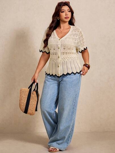 Elaquor Plus Size Women Hollow Design Short Sleeve Single-Breasted Knit Cardigan Outfits For Women Casual Casual Vacation Cruise Travel Beach Sunbathi