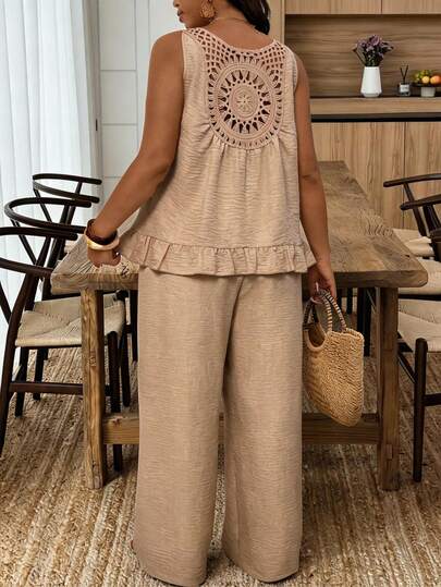 SHEIN Frenchy Plus Size Women's Solid Color Round Neck Pleated Top And Wide Leg Pants Casual 2-Piece Set Women Vacation Outfit Sets Women 2 Piece Outfit Casual