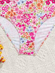SHEIN Conjunto de traje de baño de niña adolescente con estampado digital de punto, con tirantes con lazo, estilo europeo y americano, conservador y elegante, adecuado para verano, natación y playa - Multicolor - Ver 5