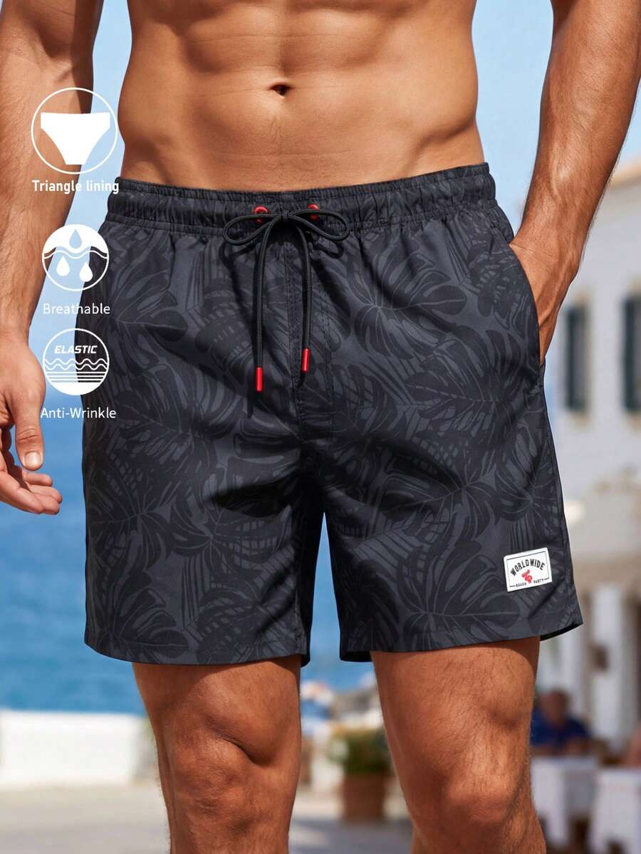 Manfinity Swimmode 男士抽绳腰带口袋休闲沙滩短裤 - 黑色 - 查看 1