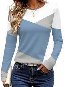 EMERY ROSE Set de 3 camisetas de manga larga para mujer, con diseño de bloqueo de color y estampado de patchwork, diseño de patrón clásico, versátil, adecuado para uso al aire libre, viajes y uso diario, cómodo - Multicolor - Ver 11