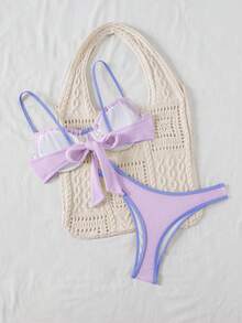 Bellisia Conjunto de bikini de tirantes finos con adorno de color contrastante y nudo - Morado - Ver 3