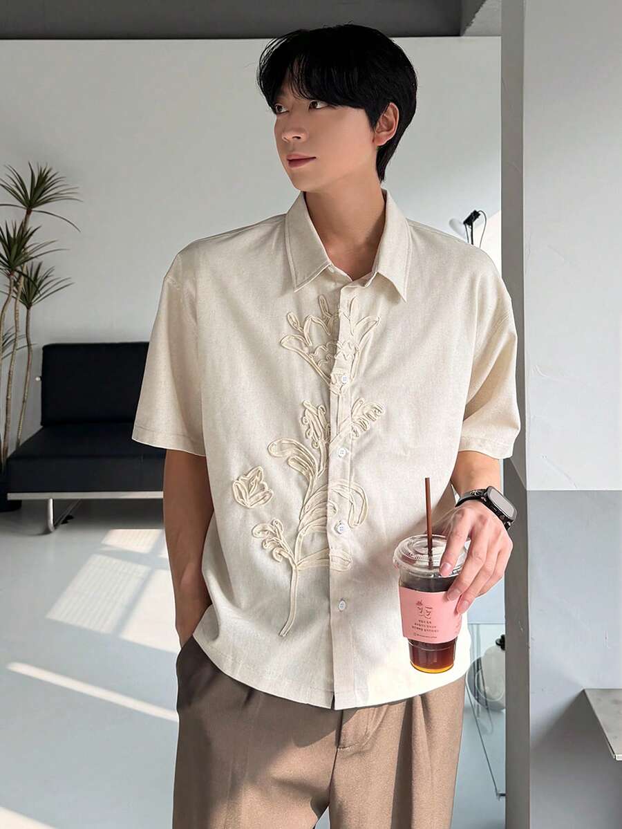 夏季图案刺绣杏色短袖宽松男士衬衫 - 杏色 - 查看 1