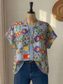 Rusticease Plus Size Blue Floral Print Batwing Sleeve Casual Vacation Summer Boho Top For Women, Spring Festival Holiday, Country Style - Multicolor - View 6