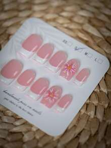 1 PC Y2K Style White Border Flower Nail Wraps Handmade French Square False Nails White French Tip Floral Pattern Sweet Feminine Daily Wear Commute Party Gift For Her Valentine Day Must Have Beauty Accessory - Multicolor - View 5