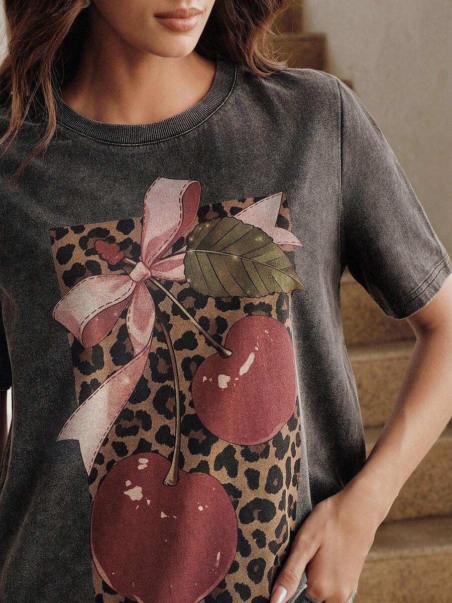 Anewsta 女士休闲豹纹水果印花圆领短袖T恤，春夏款 - 灰色 - 查看 1