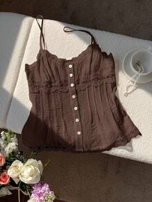 SHEIN Tall CURVE Plus Size Women Contrast Lace Button Design Camisole - Brown - View 4