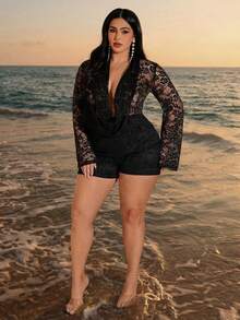 SHEIN BAE Plus Size Women's Lace Plunging Neckline Romper,Black Autumn Elegant Jumpsuit For Wedding Guest,Party,Vacation,Holiday,Music Festival Outfits - Black - View 9