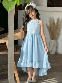 SHEIN Tween Girl Floral 3D Decor Ruffle Hem Halter Neck Dress - Blue - View 7