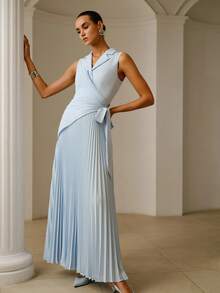 ZEYLAH Asymmetric Pleated Collar Dress, Spring/Summer - Blue - View 5
