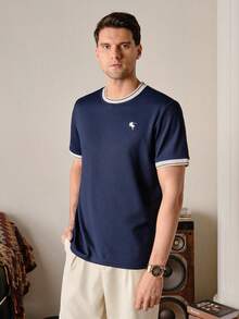 VeloEdit Navy Blue Color Men's Contrast Color Short Sleeve T-Shirt, Suitable For Home, Outing, Office Wear Navy Men's T Shirt Navy Blue Top Men Men Casual Top Old Money - Royal Blue - View 6