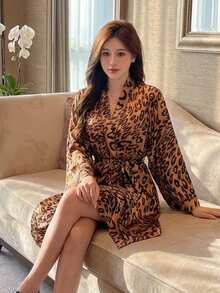 [Comfortable Leopard Print Robe] Leopard Print Sexy Pajamas For Women, Made Of Ice Silk Fabric, 2025 New Loungewear, Machine Washable, Perfect For Home, Spa, And Casual Wear. - Multicolor - View 5