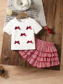 SHEIN LMoss Kids 2pcs Young Girl Knitted Solid Color Round Neck T-Shirt And Plaid Ruffle Hem Shorts Set - Multicolor - View 4