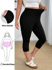 Plus-Size Solid Color High-Waisted Casual Leggings, 95% Cotton, Stretch Capri Length Leggings, For Apple And Rounded Body Shape - Black - View 1
