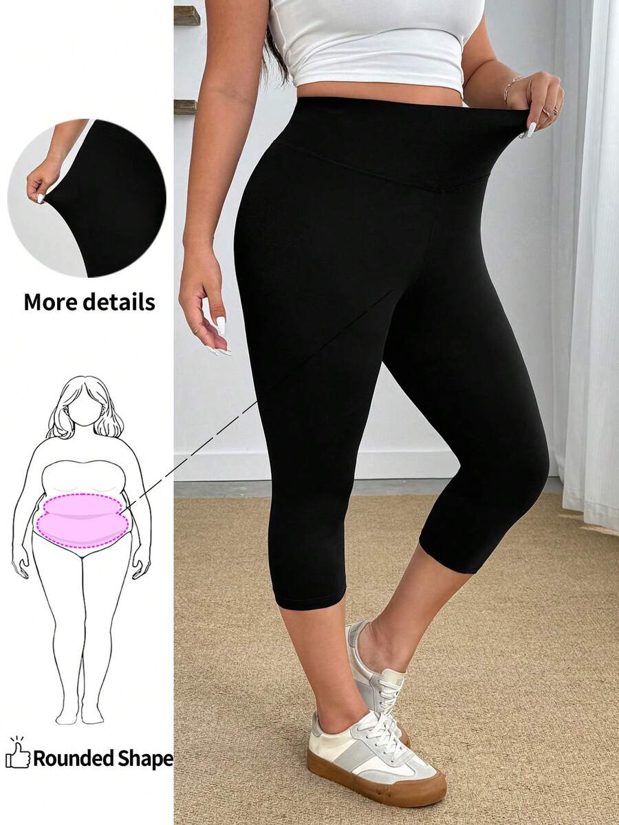 Plus-Size Solid Color High-Waisted Casual Leggings, 95% Cotton, Stretch Capri Length Leggings, For Apple And Rounded Body Shape - Black - View 1