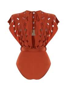 Swim Oasis Hollow-Out Solid Color Round Neck Women's Waist Belt Premium Set - Redwood - View 5