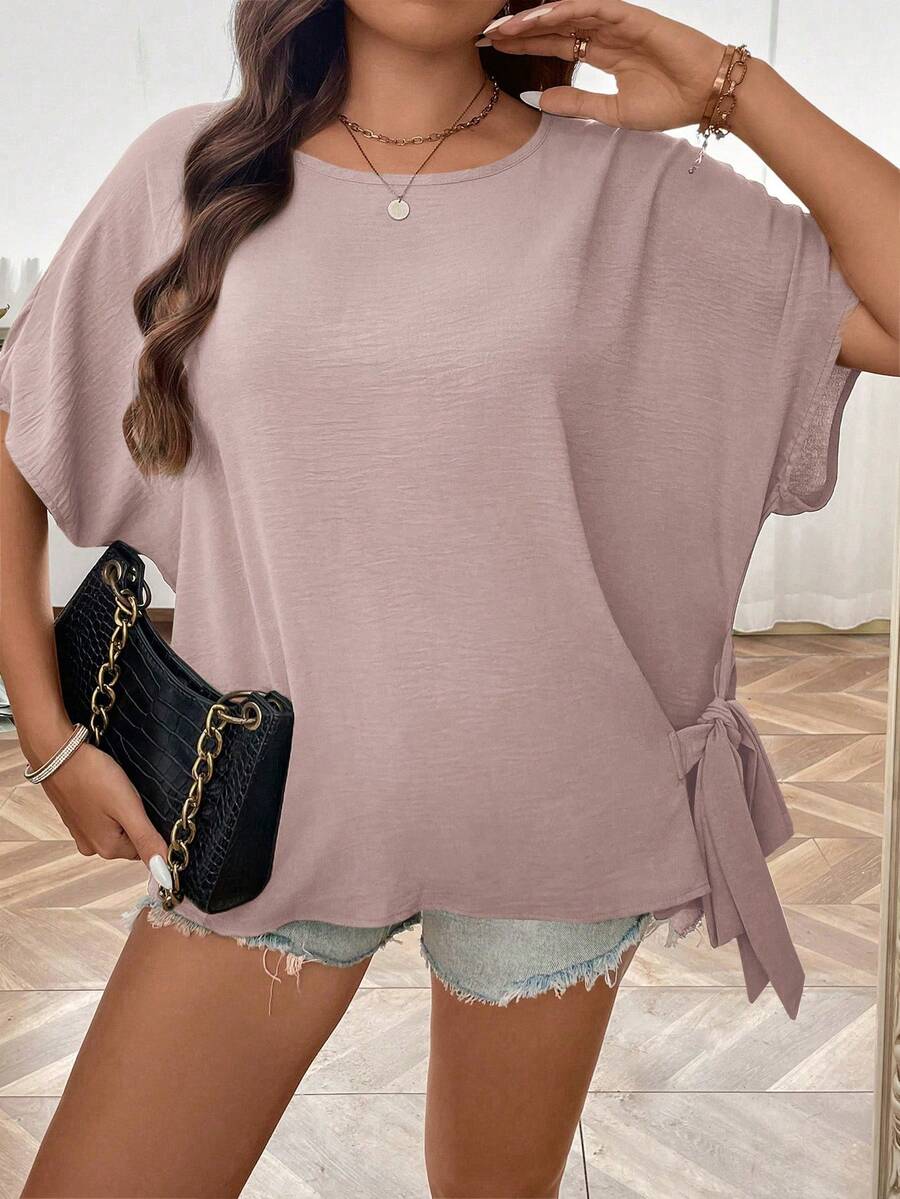 EMERY ROSE Plus Size Women's Solid Color Round Neck Batwing Short Sleeve Side Tie Casual Shirt - Dusty Pink - View 1