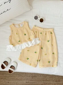 SHEIN 2pcs/Set Baby Girl Casual Cute Vacation Yellow Plaid Ruffle Trim Camisole And Elastic Waist Pants Set - Multicolor - View 5