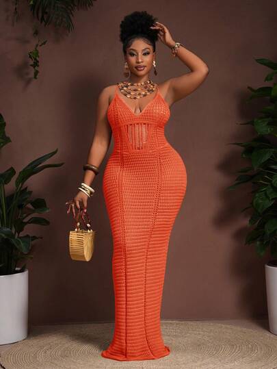 Slaydiva Đầm slip dệt kim eo khoét rỗng xuyên thấu màu kaki phong cách Bohemian mới mùa Xuân/Hè 2026, đầm maxi ôm sát màu nâu cỡ lớn dành cho nữ, đầm maxi dệt kim, đầm maxi móc, đầm maxi móc màu nâu, đầm maxi dệt kim màu nâu mùa Đông Thu