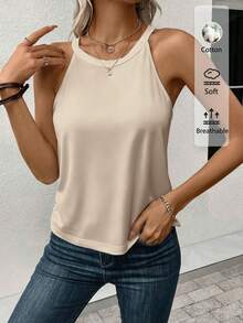 SHEIN LUNE 95% Cotton Women Casual Tight-Fitting Halter Neck Camisole, Suitable For Summer - Camel - View 4