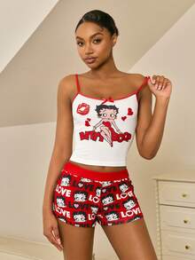Betty Boop x SHEIN Bộ đồ ngủ nữ gồm áo hai dây và quần short có nơ trang trí - Đỏ và trắng - Xem 4