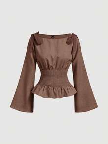 SHEIN MOD Women's Bow Decor Shoulder, Waist Tie Fashionable Blouse - Mocha Brown - View 2