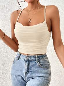 SHEIN Essnce Women's Solid Color Ruched Fitted Camisole,Summer Top - Beige - View 6